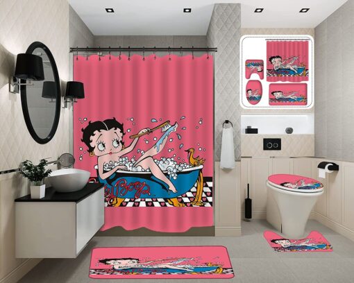 Betty Boop Bathroom Shower Curtain Toilet Seat Cover & Rugs Set Rze1