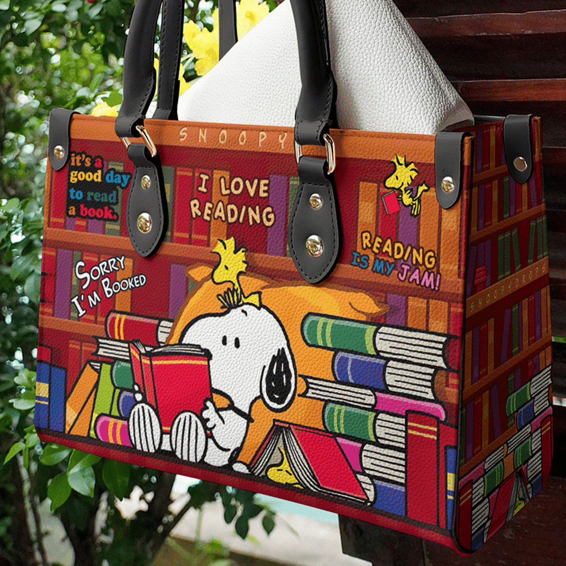 Snoopy Books Leather Handbag 1 Snoopy Books Leather Handbag